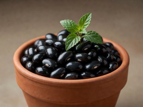 Soft-lit 3D render of glossy black beans in a small terracotta clay pot with a sprig of epazote