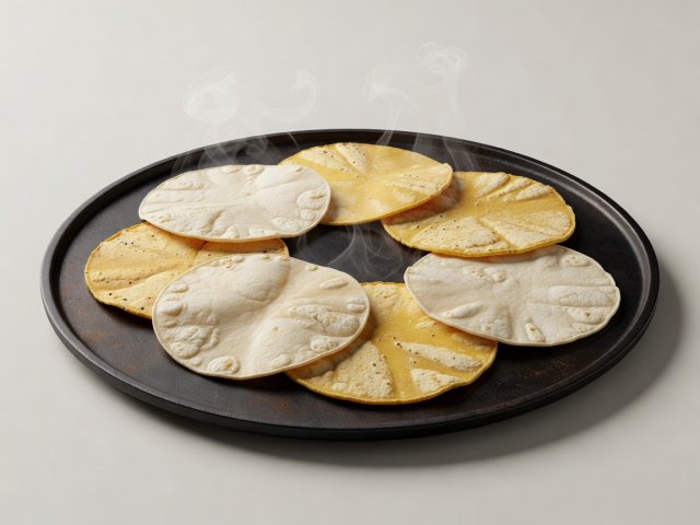 Soft-lit 3D render of yellow corn tortillas and pale flour tortillas warming on a round black comal against a plain background