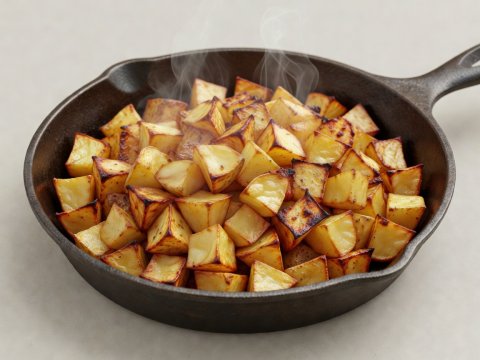 Soft-lit 3D render of golden diced potatoes crisping in a skillet on a plain background