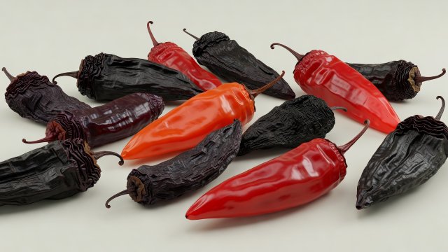 Soft-lit 3D render of dark wrinkled ancho chiles and glossy red guajillo chiles arranged on a plain pale background