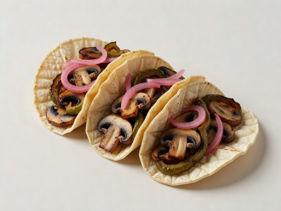 Soft-lit 3D render of three corn tortilla tacos filled with browned mushrooms, poblano strips and pink pickled onion on a plain background