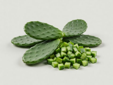 Soft-lit 3D render of fresh green nopal cactus paddles and diced nopales on a plain background