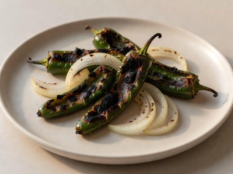 Soft-lit 3D render of charred poblano pepper strips and sliced white onion on a plain ceramic plate