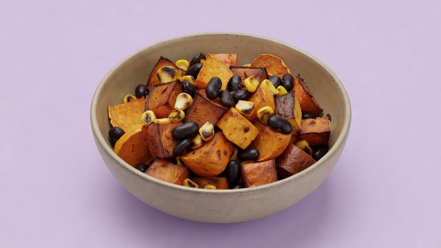 Soft-lit 3D render of a bowl of roasted squash cubes, charred corn kernels and black beans on a plain lilac background