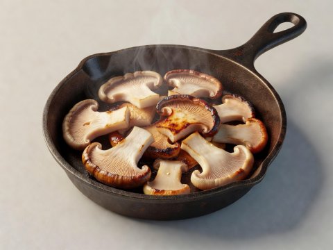 Soft-lit 3D render of sliced oyster mushrooms browning in a small cast-iron pan on a plain background