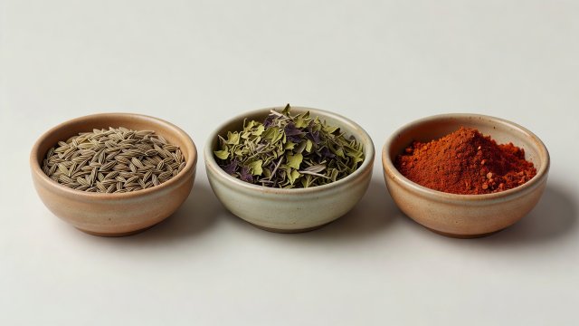 Soft-lit 3D render of small ceramic spice bowls holding cumin seeds, dried Mexican oregano and ground red chile on a plain background