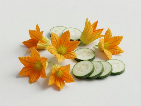 Soft-lit 3D render of orange squash blossoms and sliced courgette on a plain background