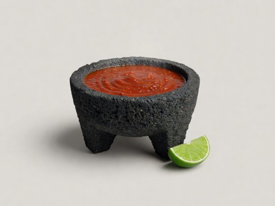 Soft-lit 3D render of a volcanic stone molcajete filled with deep red chile salsa beside a lime wedge on a plain background