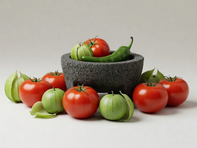Soft-lit 3D render of red tomatoes, husked green tomatillos and a stone molcajete with a green chile on a plain background