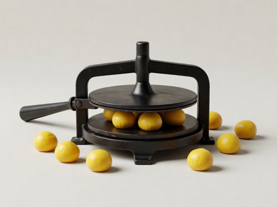 Soft-lit 3D render of a cast-iron tortilla press with small balls of yellow masa dough on a plain background